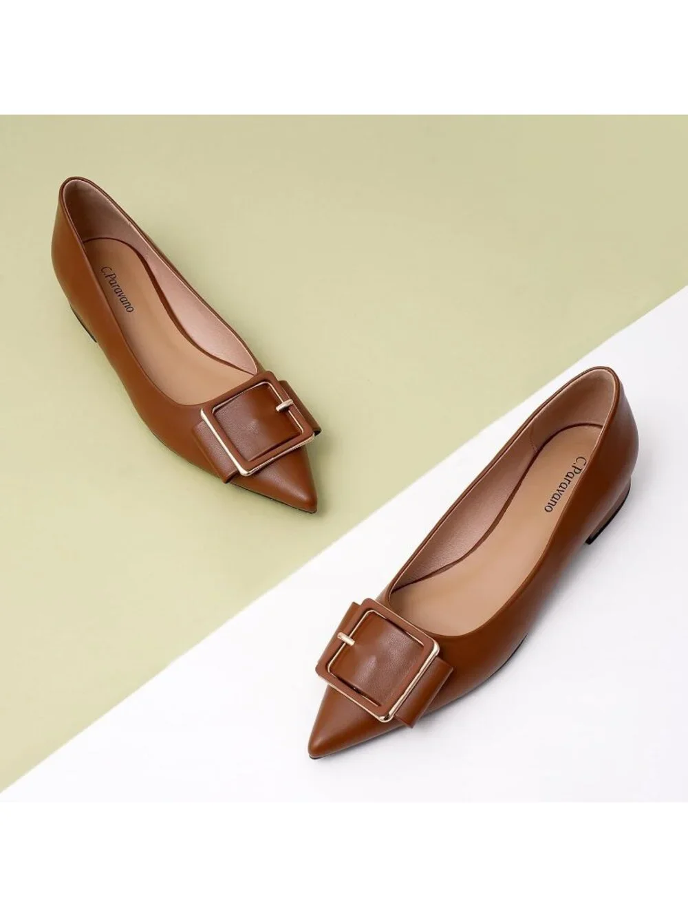Women's Brown Pointed Toe Square Buckle Flats Elegant Slip-On Comfortable Shoes